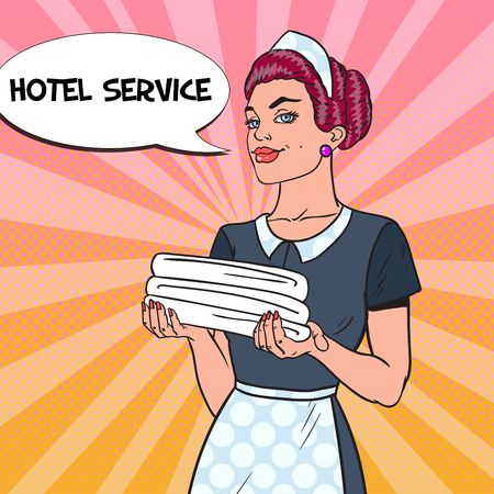 Female Chambermaid with Clean Towels. Hotel Service. Pop Art vector illustrationのイラスト素材