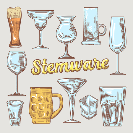 Stemware Hand Drawn Glasses. Different Glasses for Drinks. Vector Doodleのイラスト素材