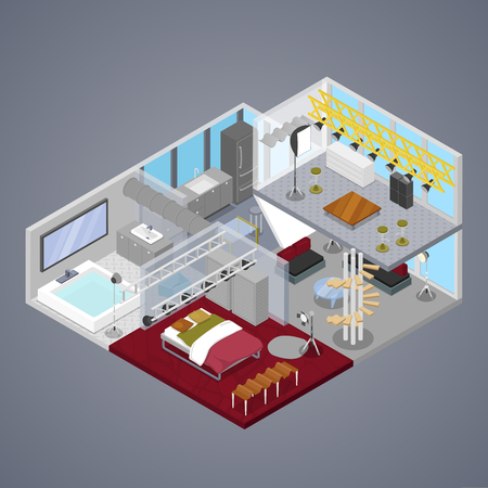Modern Duplex Apartment Interior with Living Room and Bathroom. Isometric vector flat 3d illustrationのイラスト素材