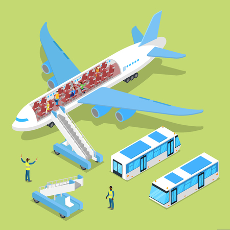 Aircraft Interior with Passengers. Air Plane Boarding. Isometric vector flat 3d illustrationのイラスト素材