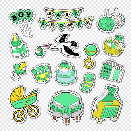 Baby Shower Decoration Set with Boy, Toys and Socks. Newborn Party Doodle Stickers, Badges and Patches. Vector illustrationのイラスト素材