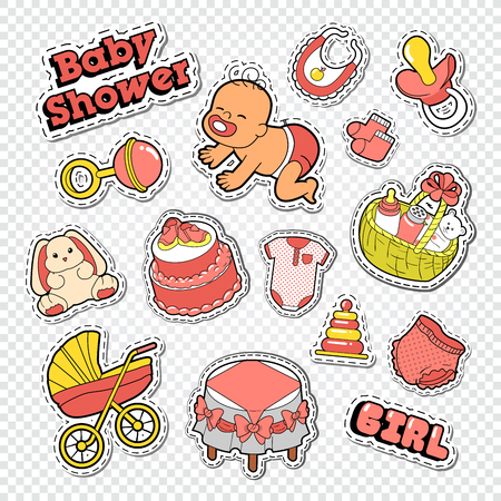 Baby Shower Doodle with Girl, Toys and Cake. Newborn Party Decoration Stickers, Badges and Patches. Vector illustrationのイラスト素材