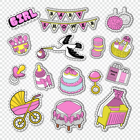 Baby Shower Decoration Set with Girl, Toys and Stroller. Newborn Party Doodle Stickers, Badges and Patches. Vector illustrationのイラスト素材