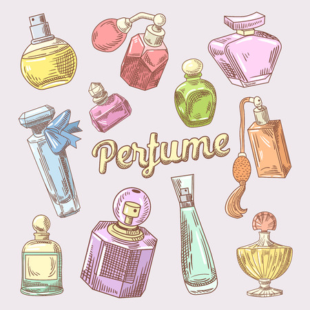 Perfume and Cosmetics Hand Drawn Doodle with Different Bottles. Vector illustrationのイラスト素材