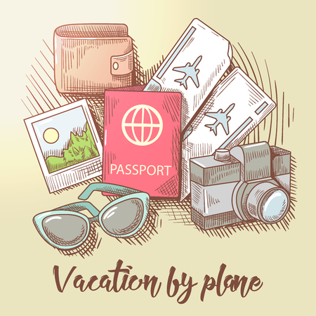 Vacation by Plane. Travel Around the World. Tourism by Airplane. Vector Hand Drawn illustrationのイラスト素材