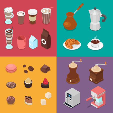 Cafe Elements Set with Candies, Coffee and Different Hot Drinks. Isometric Vector flat 3d illustrationのイラスト素材