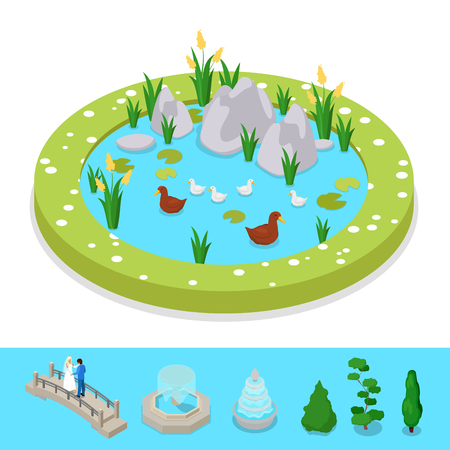 Isometric City Park Composition with Water Pond and Ducks. Vector flat 3d illustrationのイラスト素材