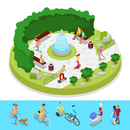 Isometric City Park Composition with Active People and Fountain. Outdoor Activity. Vector flat 3d illustrationのイラスト素材