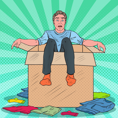 Pop Art Stressed Man in the Box with Clothes. Guy Moving with the  Boxes to new House. Vector illustrationのイラスト素材