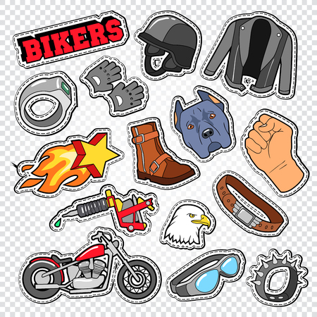 Biker Doodle with Motorcycle, Sunglasses and Helmet. Chopper Stickers, Badges and Patches. Vector illustration.のイラスト素材