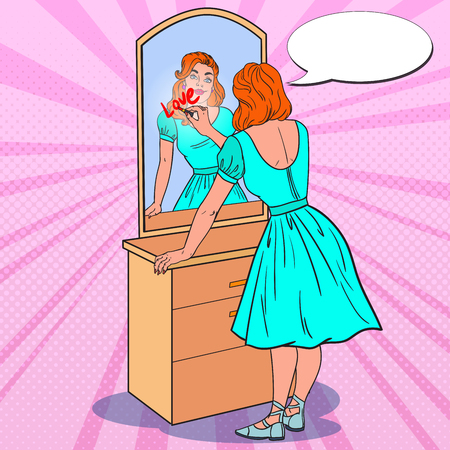 Pop Art Beautiful Woman with Lipstick Written Love on Mirror. Make-up and Beauty. Vector illustrationのイラスト素材