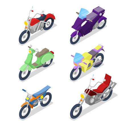 Isometric Motorcycle Set with Motocross and Biker Bike. Vector flat 3d illustrationのイラスト素材