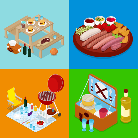 Isometric BBQ Picnic Food. Summer Holiday Camp. Grilled Meat, Wine and Vegetables. Vector flat 3d illustrationのイラスト素材