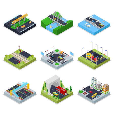 Isometric Urban Infrastructure with Roads, Crossroad, Cars and Bridge. City Traffic. Vector flat 3d illustrationのイラスト素材