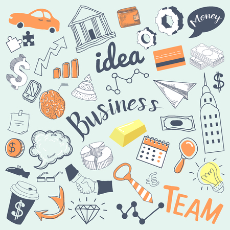 Business Idea Freehand Hand Drawn Doodle. Creative Finance Elements with Money, Hands and Infographics. Vector illustrationのイラスト素材