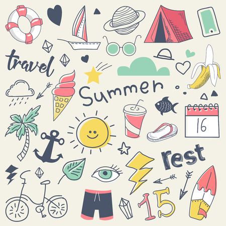 Summer Vacation Freehand Hand Drawn Doodle with Sun, Surf and Camp. Vector illustrationのイラスト素材