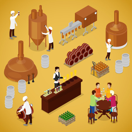 Isometric Brewery Beer Production with Workers, Drinking Elements and Pub. Vector flat 3d illustrationのイラスト素材