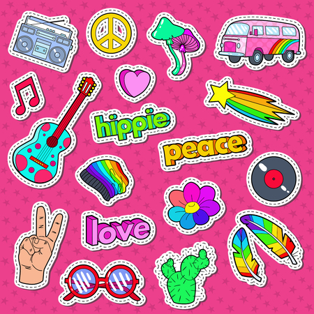 Hippie Lifestyle Stickers, Badges and Patches with Pink Van, Peace Sign and Colorful Guitar. Vector illustrationのイラスト素材
