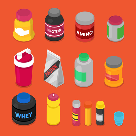 Isometric Sports Nutririon Elements with Supplements, Protein Bottle, Pills, Vitamins, Whey. Vector flat 3d illustrationのイラスト素材