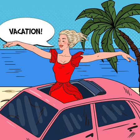 Pop Art Happy Woman Standing in a Car Sunroof with Arms Wide Open. Beach Vacation. Vector illustrationのイラスト素材