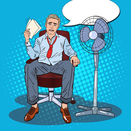 Pop Art Sweating Businessman Due to Hot Climate. Summer Heat. Vector illustrationのイラスト素材
