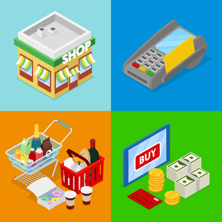 Isometric Online Shopping Concept. Mobile Payment. Internet Store. Electronic Business. Vector flat 3d illustrationのイラスト素材