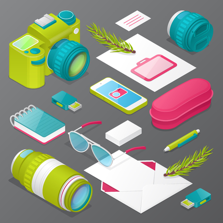 Photographer Mockup with Camera, Lens and Accessories. Identity Stationary Elements. Vector illustrationのイラスト素材