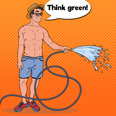 Pop Art Smiling Man Watering with Garden Hose. Vector illustrationのイラスト素材