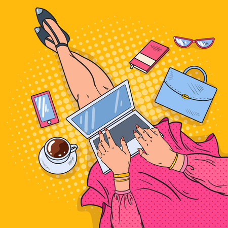 Pop Art Young Woman with Laptop. Work at Home. Vector illustrationのイラスト素材