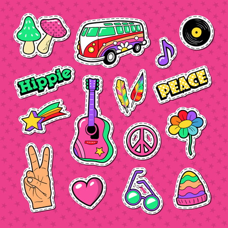 Hippie Fashion Doodle. Stickers, Badges and Patches with Hands and Colorful Elements. Vector illustrationのイラスト素材