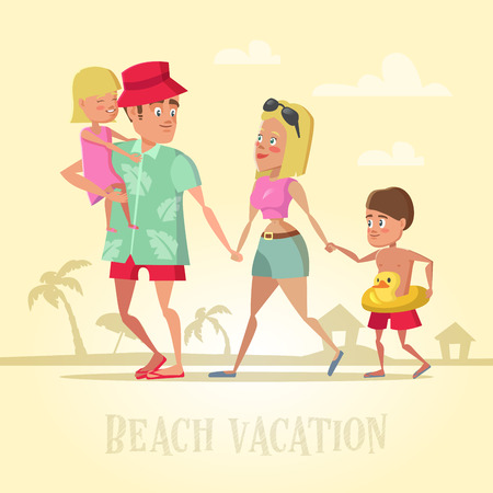 Happy Family on Beach Vacation. Hello Summer Holidays. Vector illustrationのイラスト素材