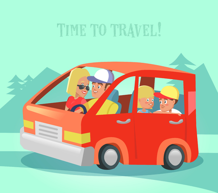 Happy Family Traveling by Car. Time to Travel. Summer Vacations. Vector illustrationのイラスト素材