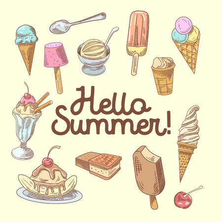 Ice Cream Hand Drawn Design with Fruits and Chocolate, Cones and Waffles. Hello Summer. Vector illustrationのイラスト素材