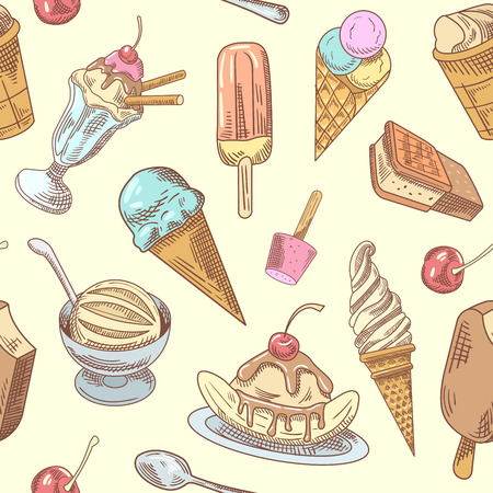 Ice Cream Hand Drawn Seamless Background with Cold Desserts, Fruits and Chocolate, Cones and Waffles. Vector illustrationのイラスト素材