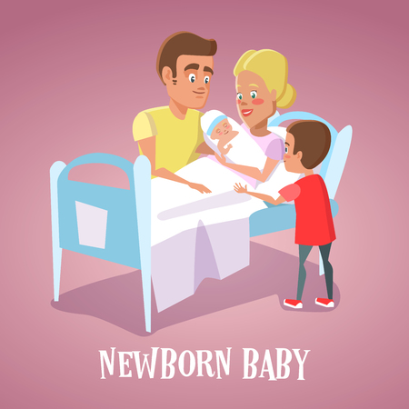 Happy Mother Holding Newborn Baby in Hospital Room. Family Welcomes Newborn Child. Vector illustrationのイラスト素材