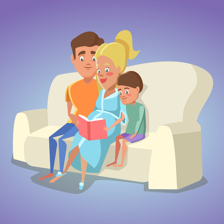 Pregnant Mother and Dad Reading a Book for Son on Sofa at Home. Happy Family. Vector illustrationのイラスト素材
