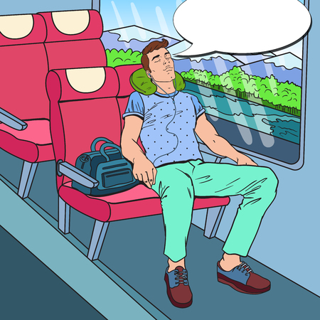 Pop Art Tired Young Man Sleeping in the Train and Listening Music. Tourism, Summer Travel. Vector illustrationのイラスト素材