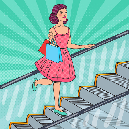 Pop Art Beautiful Woman with Shopping Bags on Escalator. Sale Consumerism. Vector illustrationのイラスト素材