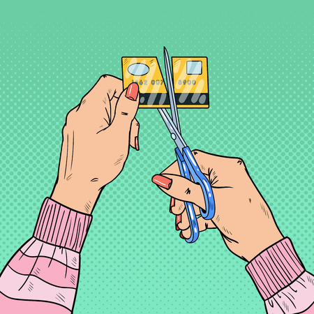 Pop Art Female Hands Cutting Credit Card with Scissors. Vector illustrationのイラスト素材