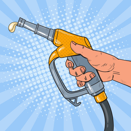 Pop Art Man Hand Holding Refueling Gun. Gas Station. Vector illustrationのイラスト素材