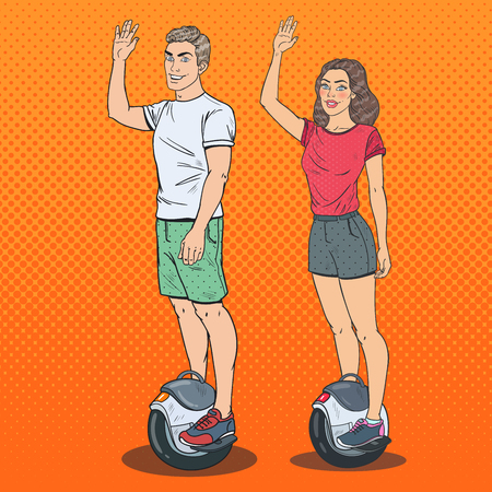 Pop Art Man and Woman Riding Solowheel. Self-Balancing Electric Scooter. Vector illustrationのイラスト素材