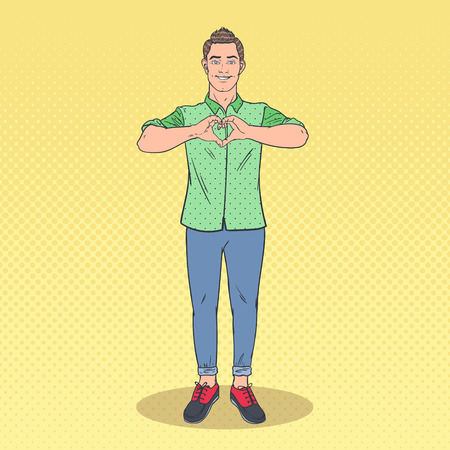 Pop Art Handsome Man Showing Heart Hand Sign. Love Gesture Comic Style Background. Vector illustrationのイラスト素材