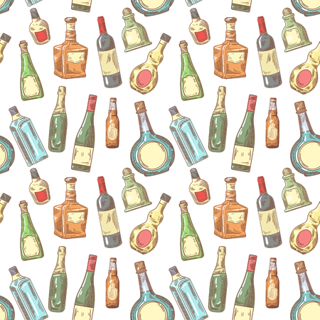 Hand Drawn Bottles Seamless Pattern. Wine, Cognac Bottle Background. Vector illustrationのイラスト素材