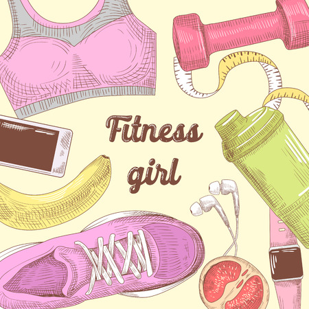 Female Healthy Lifestyle Hand Drawn Doodle. Fitness Elements Set. Gym, Diet and Sport. Vector illustrationのイラスト素材