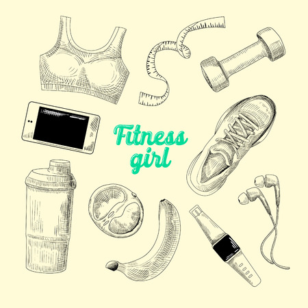 Woman Healthy Lifestyle Hand Drawn Doodle. Fitness Elements Set. Gym, Diet and Sport. Vector illustrationのイラスト素材