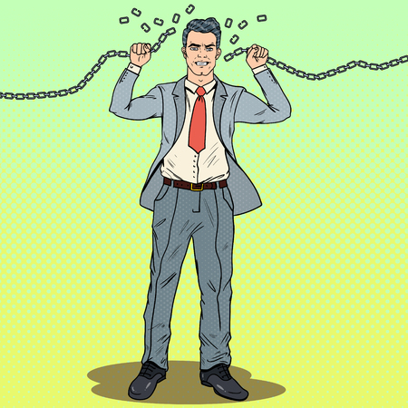 Pop Art Strong Businessman Breaks the Chains. Escape from Hard Work. Vector illustrationのイラスト素材
