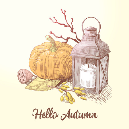 Hello Autumn Composition with Pumpkin and Candle. Fall Harvest Season. Vector illustrationのイラスト素材