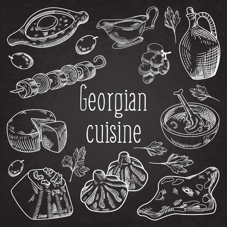 Hand Drawn Georgian Food on Chalkboard. Georgia Traditional Cuisine with Dumpling and Khinkali. Vector illustrationのイラスト素材