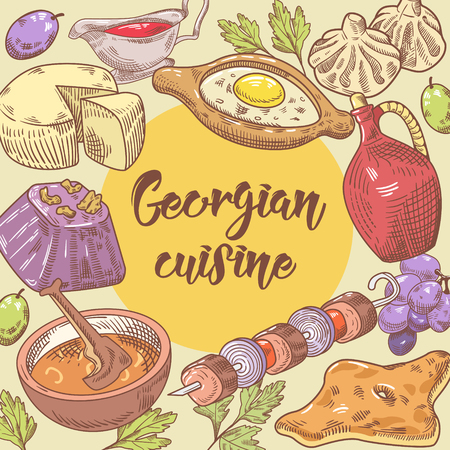Hand Drawn Georgian Food Design. Georgia Traditional Cuisine with Dumpling and Khinkali. Vector illustrationのイラスト素材