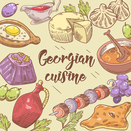 Hand Drawn Georgian Food Background. Georgia Traditional Cuisine with Dumpling and Khinkali. Vector illustrationのイラスト素材